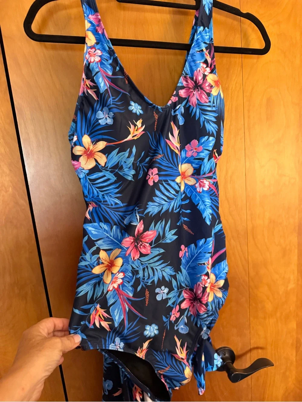 Tropical Floral Navy One-Piece Swimsuit with Skirt Sz Med